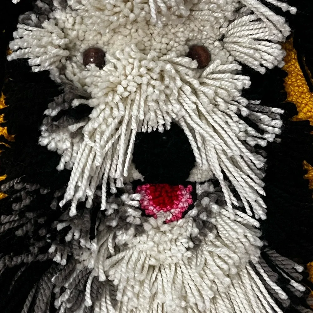 1960’s Dog Shag Rug/ wall decor  - Black, White & Yellow / latch hook style